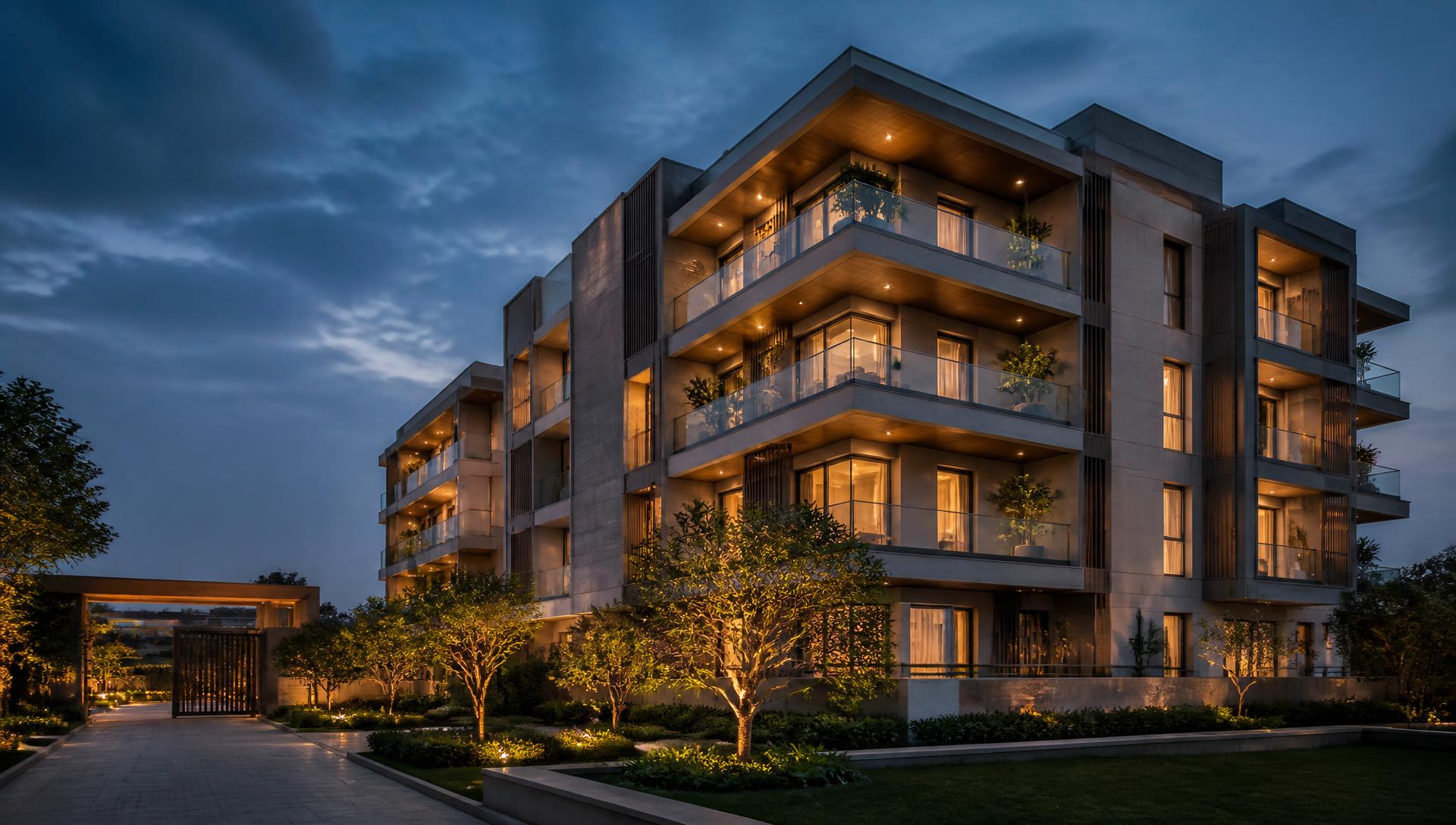 Modern premium residential development at dusk with lit balconies and a landscaped forecourt