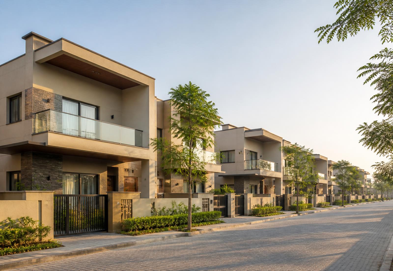 Row of modern independent houses with flat roofs along a paved residential street lined with young trees
