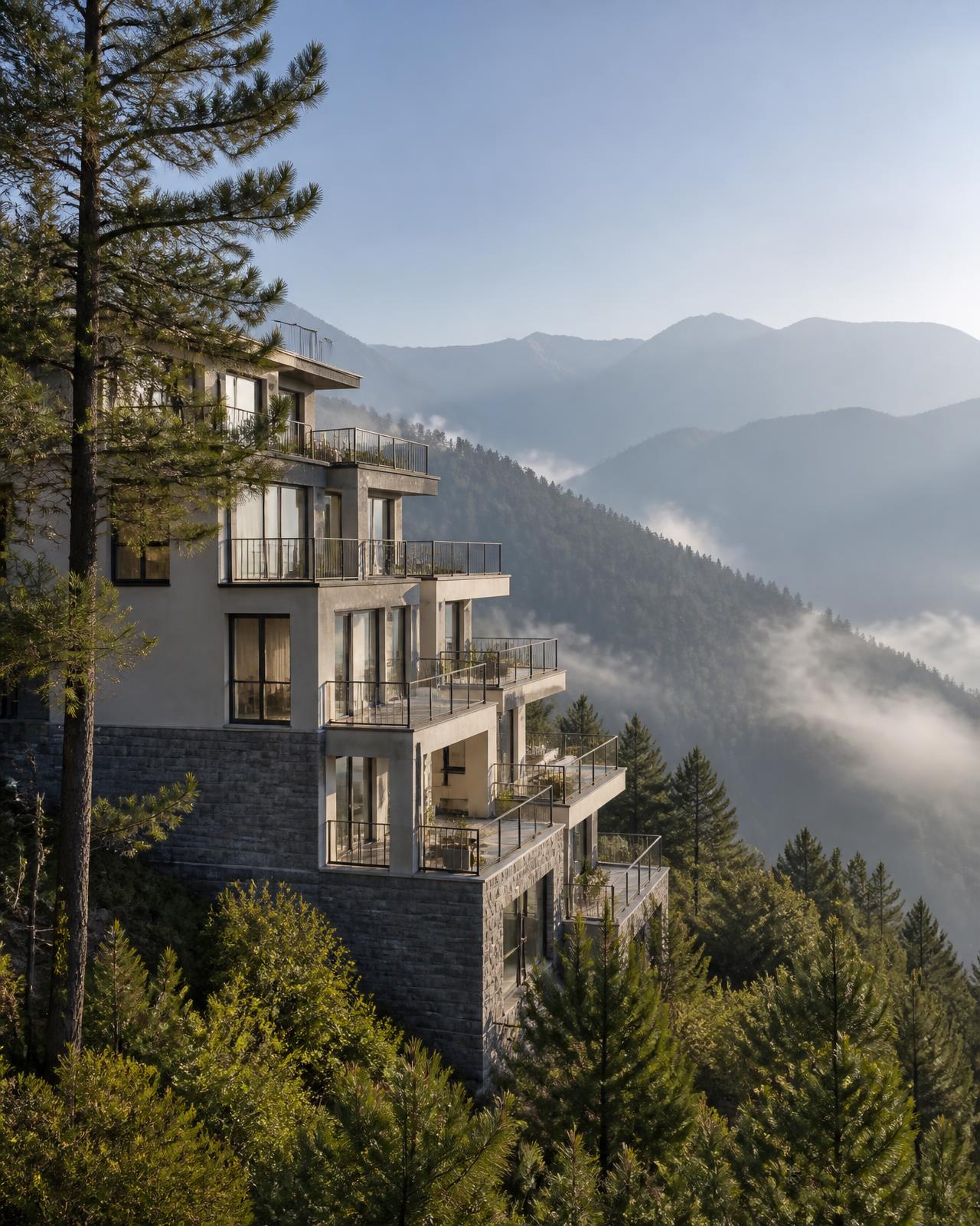 Contemporary apartment building stepping down a pine-covered Himalayan hillside above a misty valley